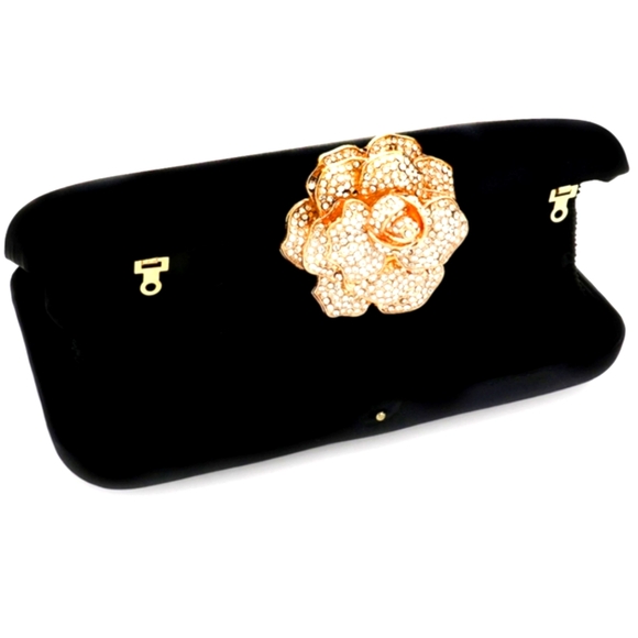 RHINESTONE PAVE ROSE CLASP EVENING CLUTCH / CROSSBODY BAG.🖤 - Picture 3 of 3